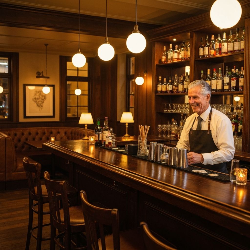 Our cozy bar area with warm ambient lighting