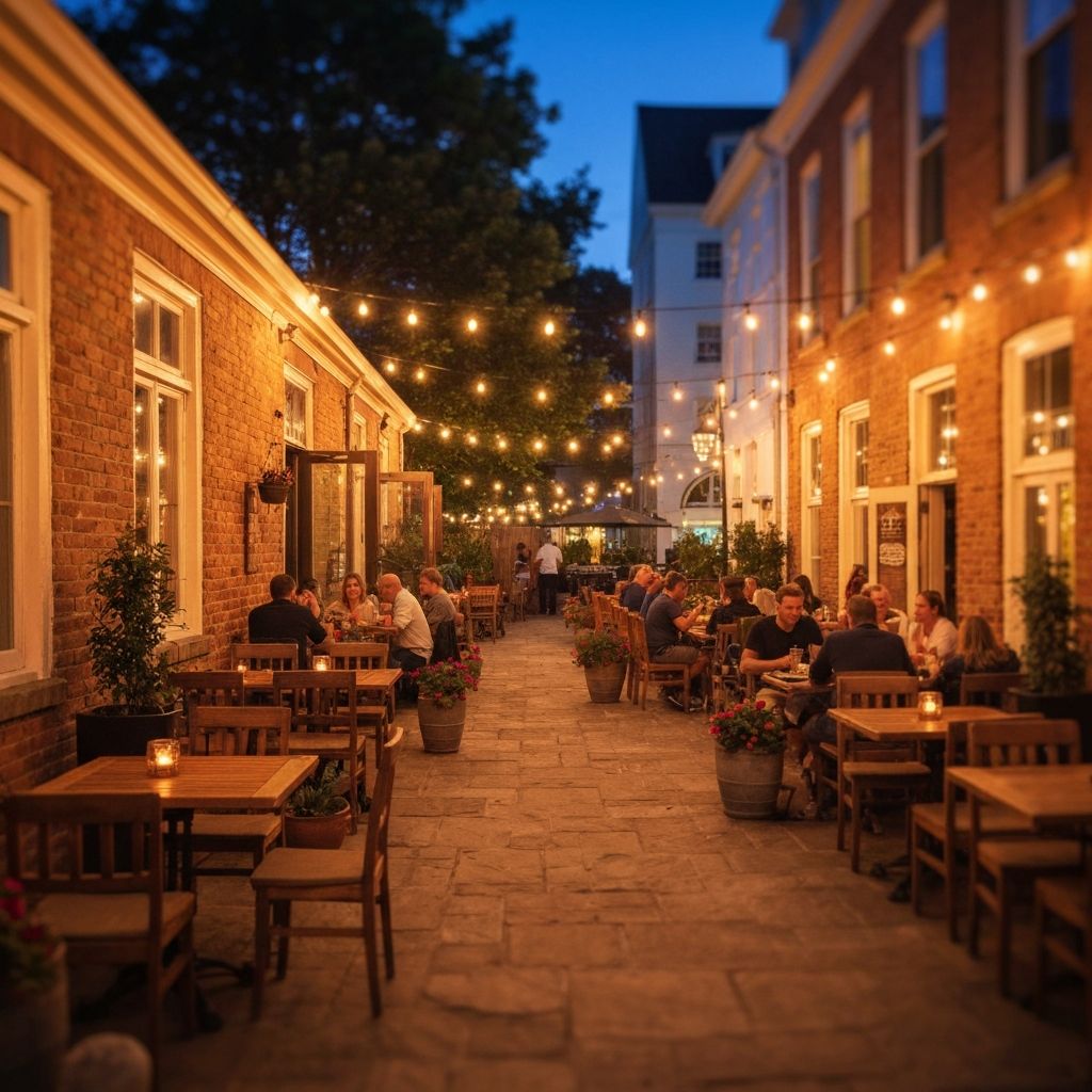 Outdoor patio seating on a beautiful evening